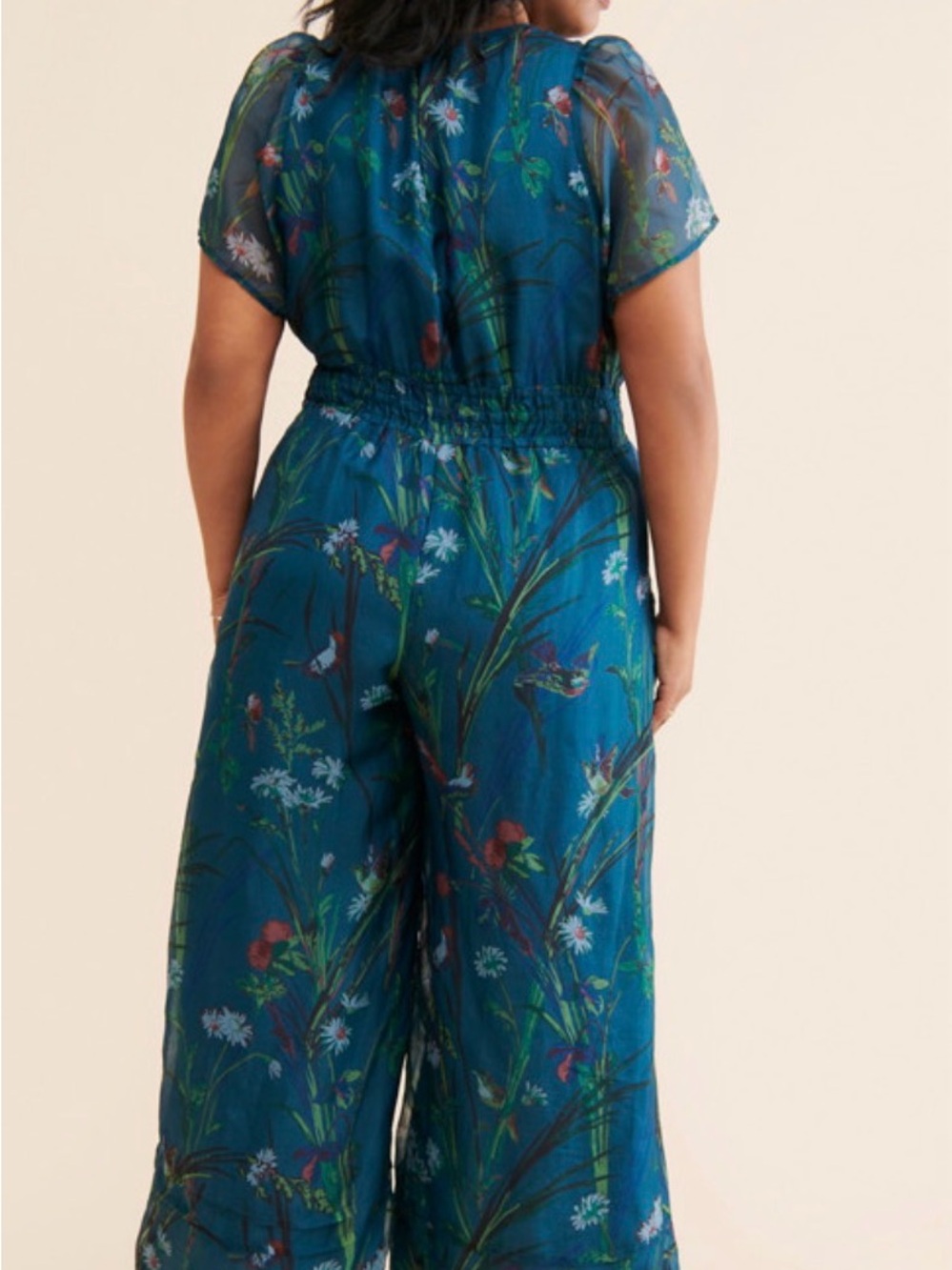 Anthropologie Teal Floral Short-Sleeve Smocked Jumpsuit - Picture 3 of 7